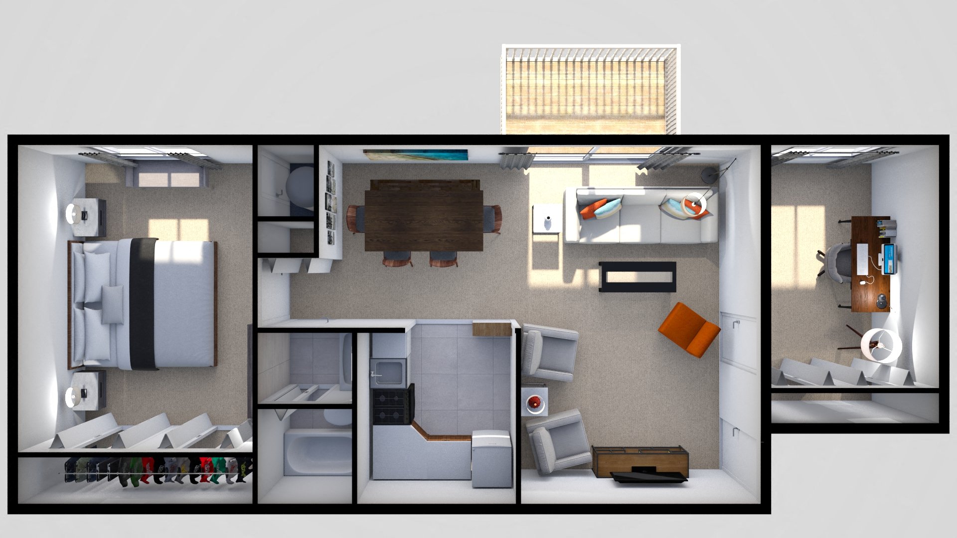 Floor plan for 1 bed, 1 bath, 852 sqft